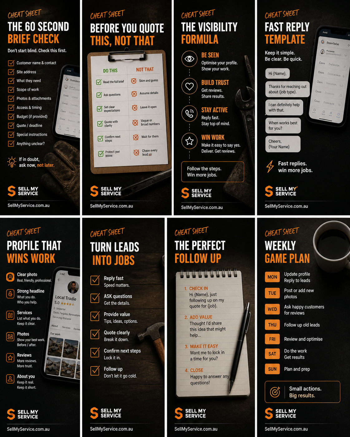 Sell My Service cheat sheets — 8 of the 20 cards previewed
